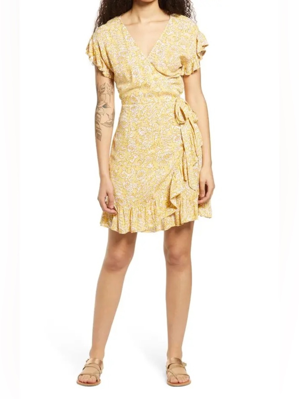 Billabong Yellow Floral Wrap Mini Dress